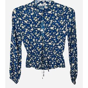 ROLLA’S LONG SLV HOOK & EYE, TIE AT WAIST, V-NECK BLOUSE, WOMENS, S, BLUE WHITE